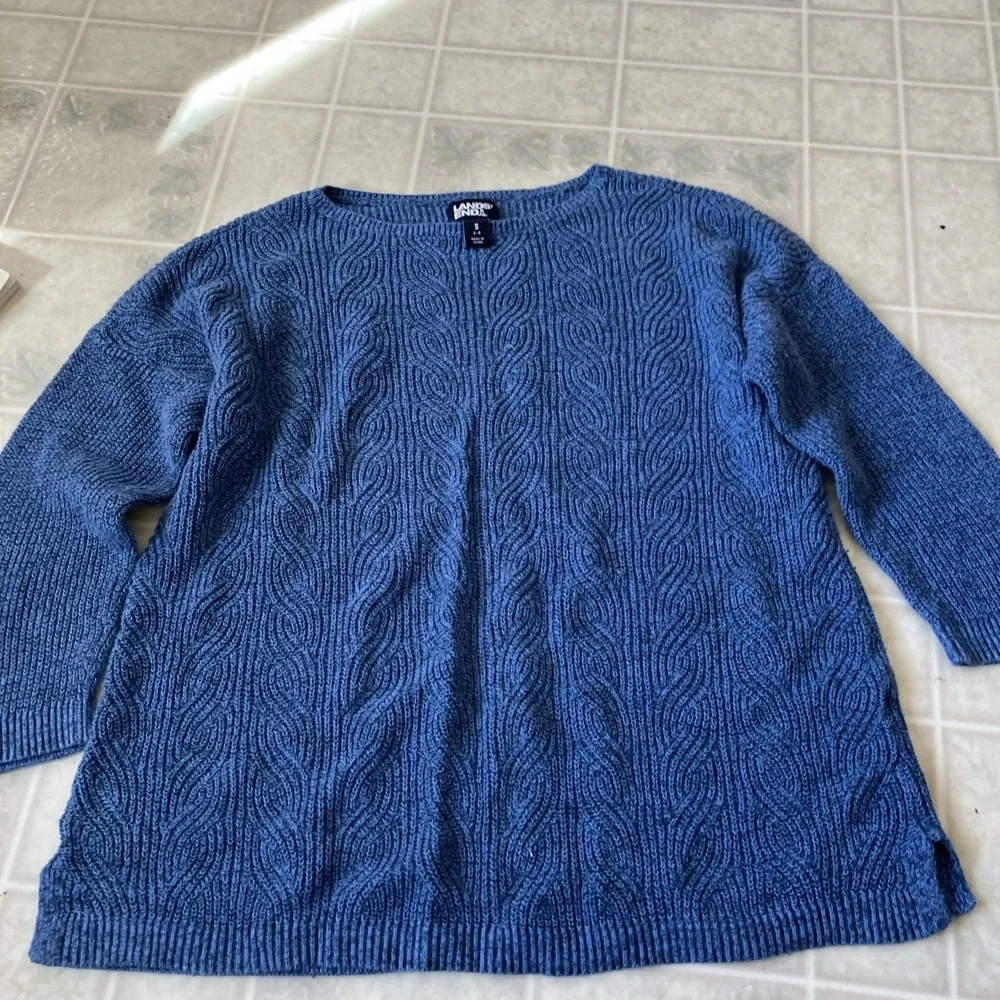 lands' end blue 3/4 sleeve boat neck sweater  Size small Swirl Cable Knit Granny